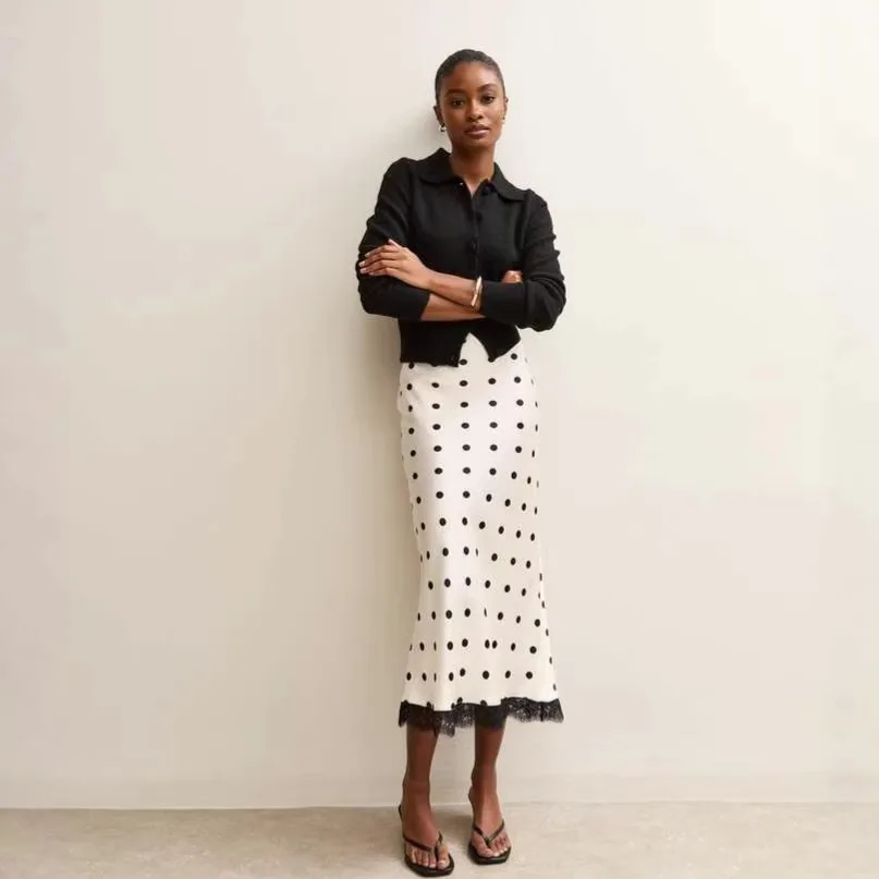 Elegant Polka Dot Skirt For Women Casual High Waist Satin Silk Patchwork Lace Midi Skirts 2026 Y2k Vintage Female Streetwear