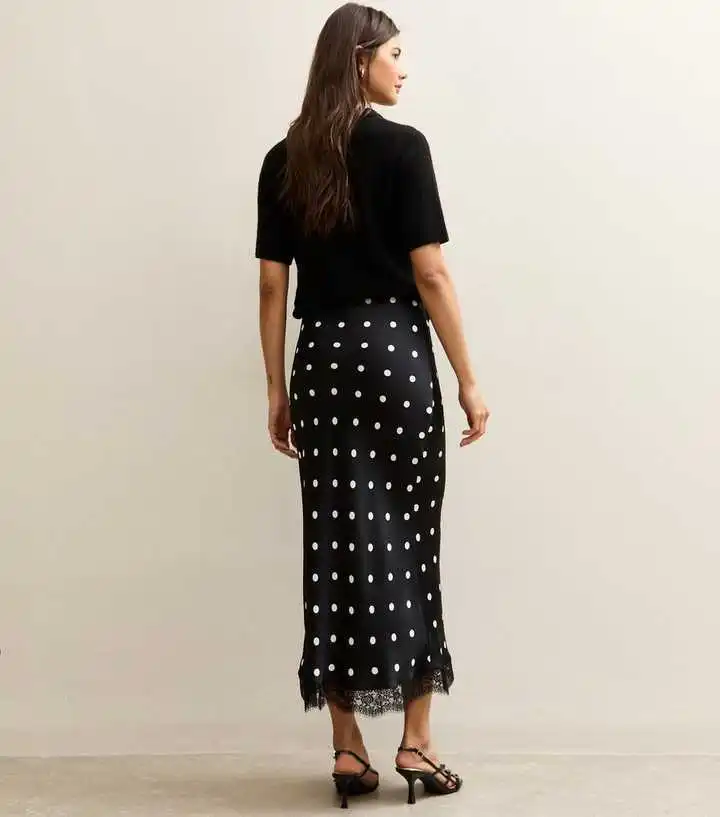 Elegant Polka Dot Skirt For Women Casual High Waist Satin Silk Patchwork Lace Midi Skirts 2026 Y2k Vintage Female Streetwear