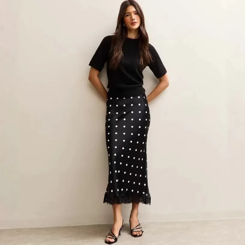Elegant Polka Dot Skirt For Women Casual High Waist Satin Silk Patchwork Lace Midi Skirts 2026 Y2k Vintage Female Streetwear