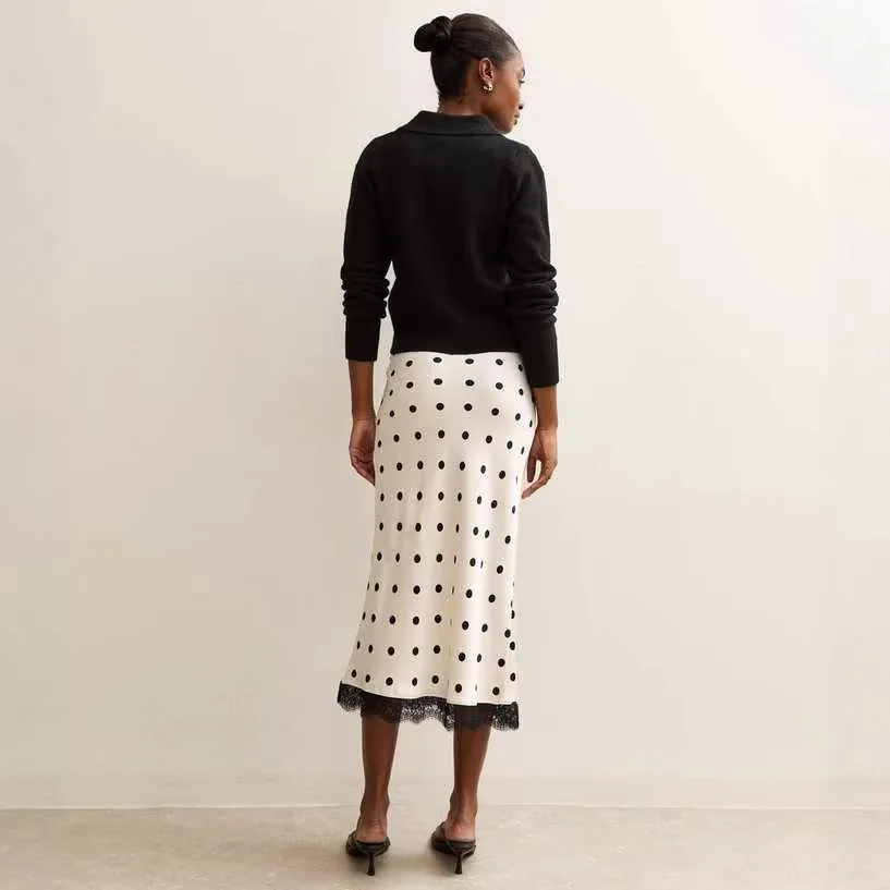 Elegant Polka Dot Skirt For Women Casual High Waist Satin Silk Patchwork Lace Midi Skirts 2026 Y2k Vintage Female Streetwear
