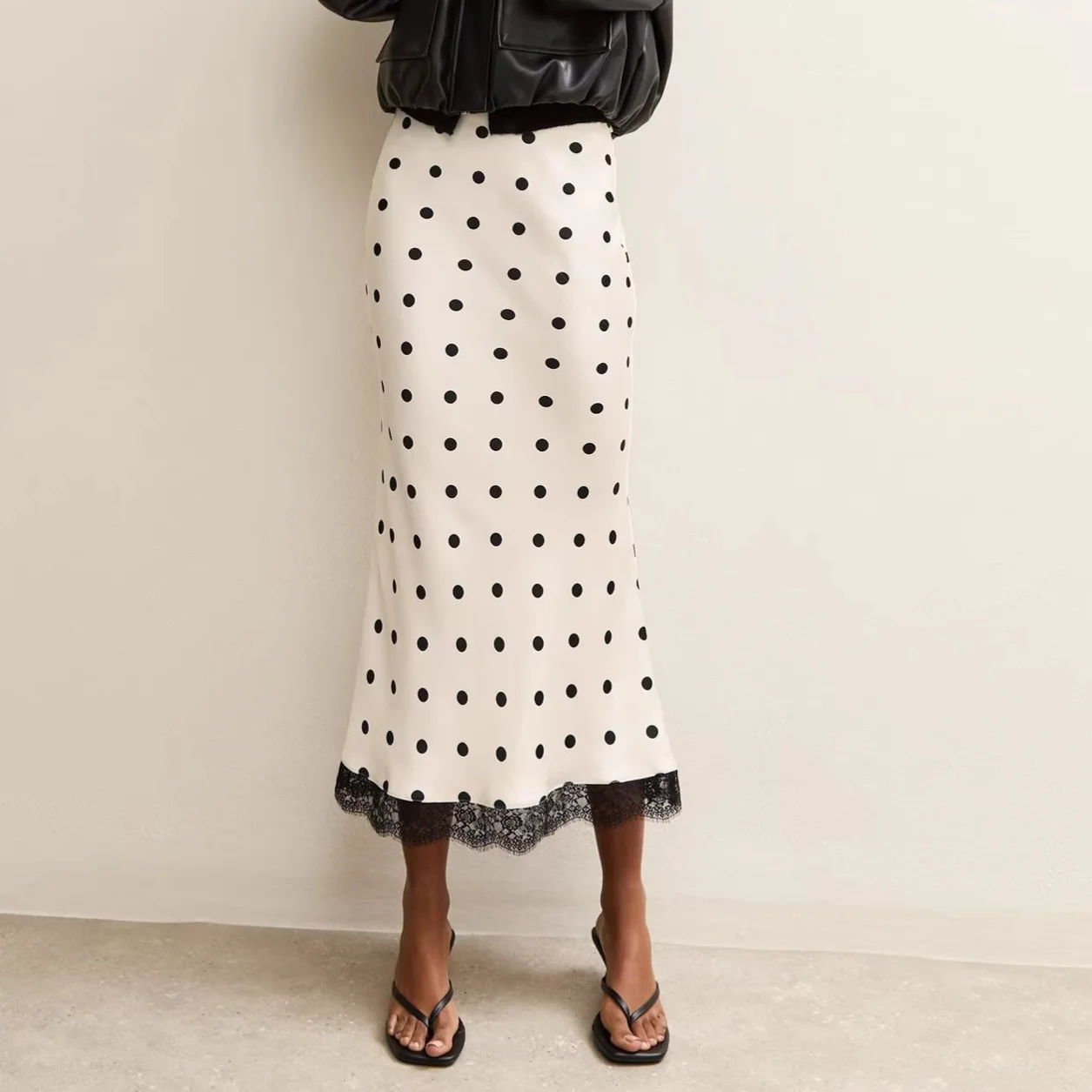 Elegant Polka Dot Skirt For Women Casual High Waist Satin Silk Patchwork Lace Midi Skirts 2026 Y2k Vintage Female Streetwear