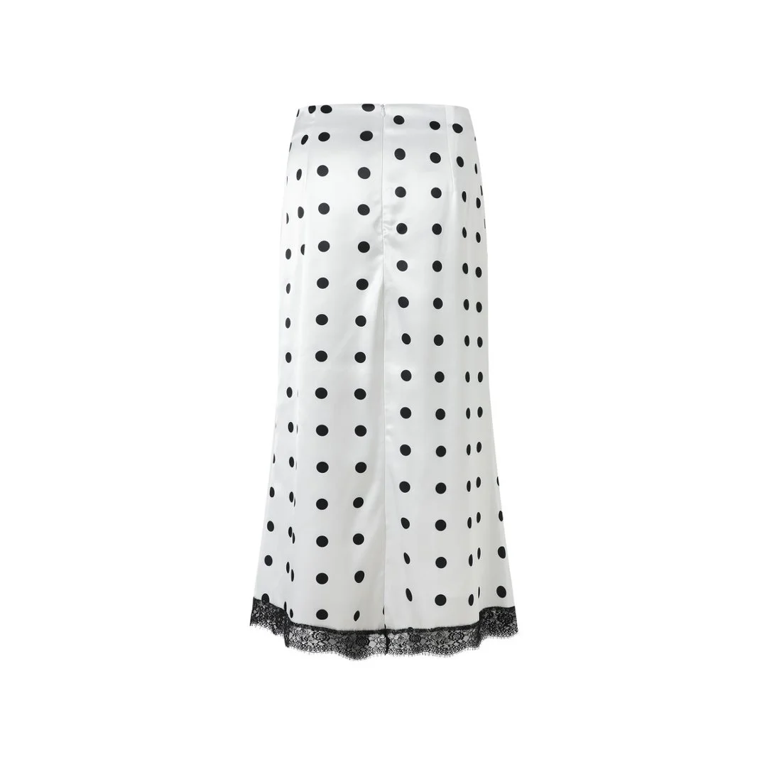 Elegant Polka Dot Skirt For Women Casual High Waist Satin Silk Patchwork Lace Midi Skirts 2026 Y2k Vintage Female Streetwear