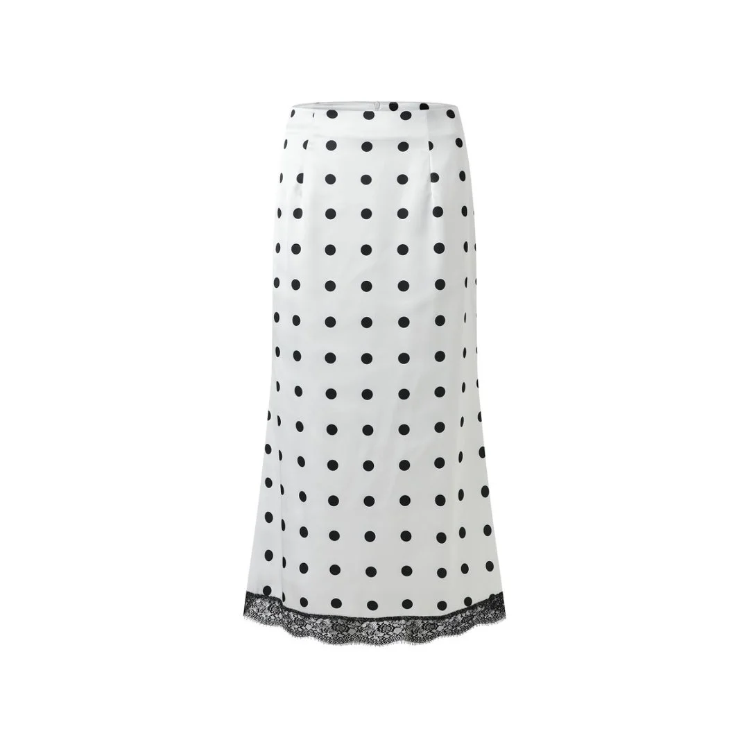 Elegant Polka Dot Skirt For Women Casual High Waist Satin Silk Patchwork Lace Midi Skirts 2026 Y2k Vintage Female Streetwear