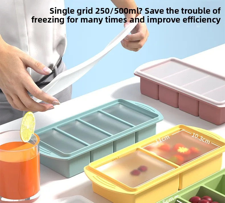 Single Grid 250ml/500ml Silicone Freezer Trays Mold Large Ice Tray Mold Food Storage Box Fresh-keeping for Freezing Soup