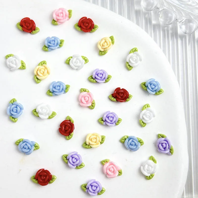 30Pcs Colorful Luminous Resin Rose Nail Art Decorations 3D Sweet Simulated Flowers Nail Charms for Making DIY Manicure Crafts