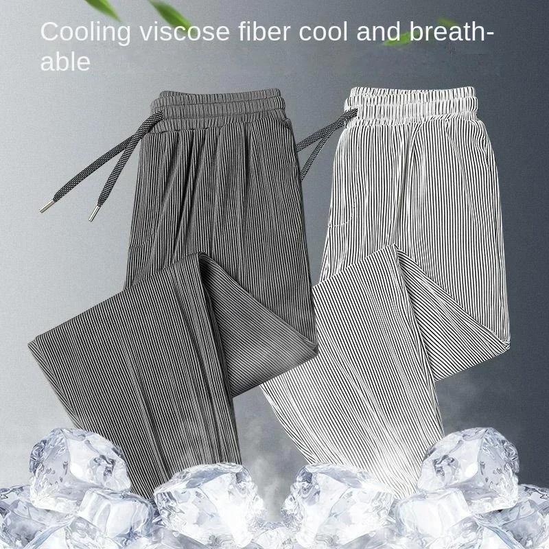 2026 Summer Ice Silk Ultra-thin Pants Men's Loose Straight Section Drape Ice Silk Pants Wide Leg Sports Casual Pants Fits