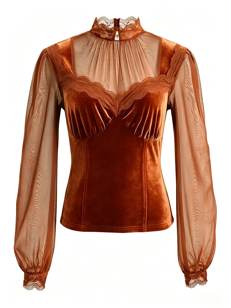Women's Spring/Fall 2026 New Arrival Elegant Lace-Panel Cutout Bell-Sleeve Tie-Waist Top Everyday Lace-Panel Design