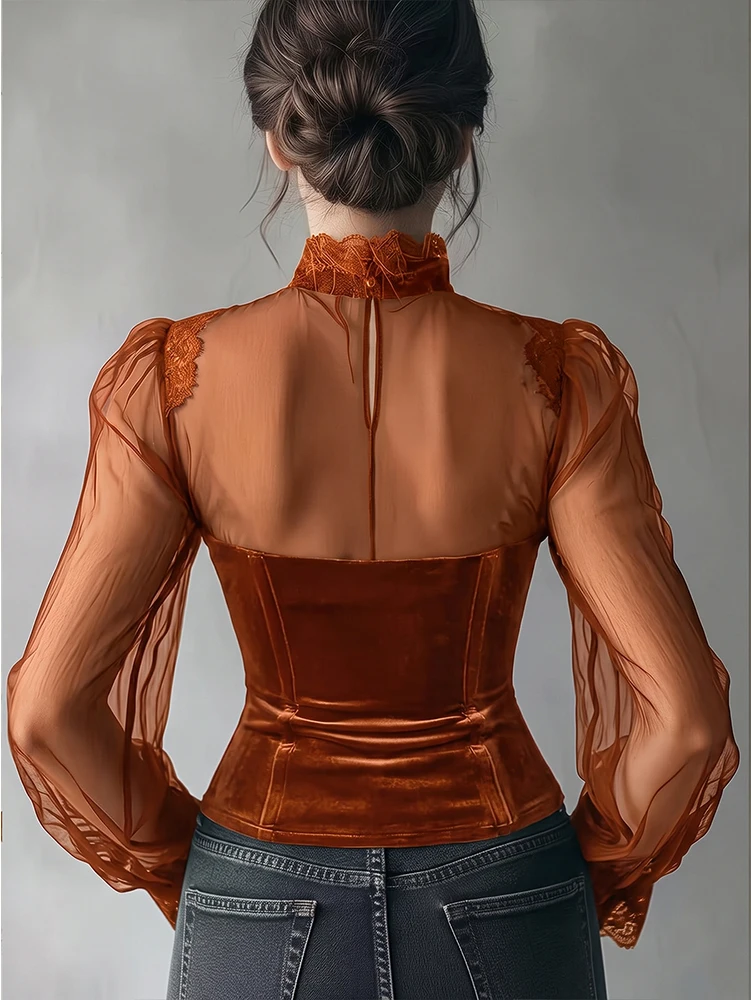 Women's Spring/Fall 2026 New Arrival Elegant Lace-Panel Cutout Bell-Sleeve Tie-Waist Top Everyday Lace-Panel Design