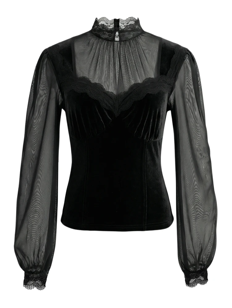 Women's Spring/Fall 2026 New Arrival Elegant Lace-Panel Cutout Bell-Sleeve Tie-Waist Top Everyday Lace-Panel Design