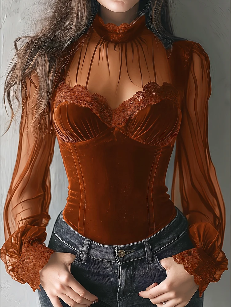 Women's Spring/Fall 2026 New Arrival Elegant Lace-Panel Cutout Bell-Sleeve Tie-Waist Top Everyday Lace-Panel Design