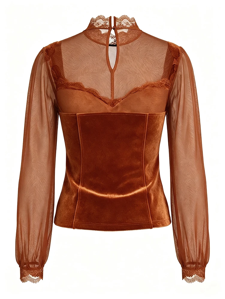 Women's Spring/Fall 2026 New Arrival Elegant Lace-Panel Cutout Bell-Sleeve Tie-Waist Top Everyday Lace-Panel Design