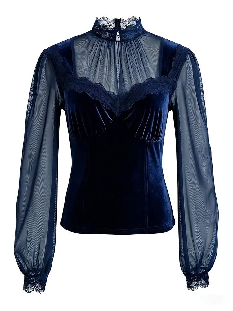 Women's Spring/Fall 2026 New Arrival Elegant Lace-Panel Cutout Bell-Sleeve Tie-Waist Top Everyday Lace-Panel Design