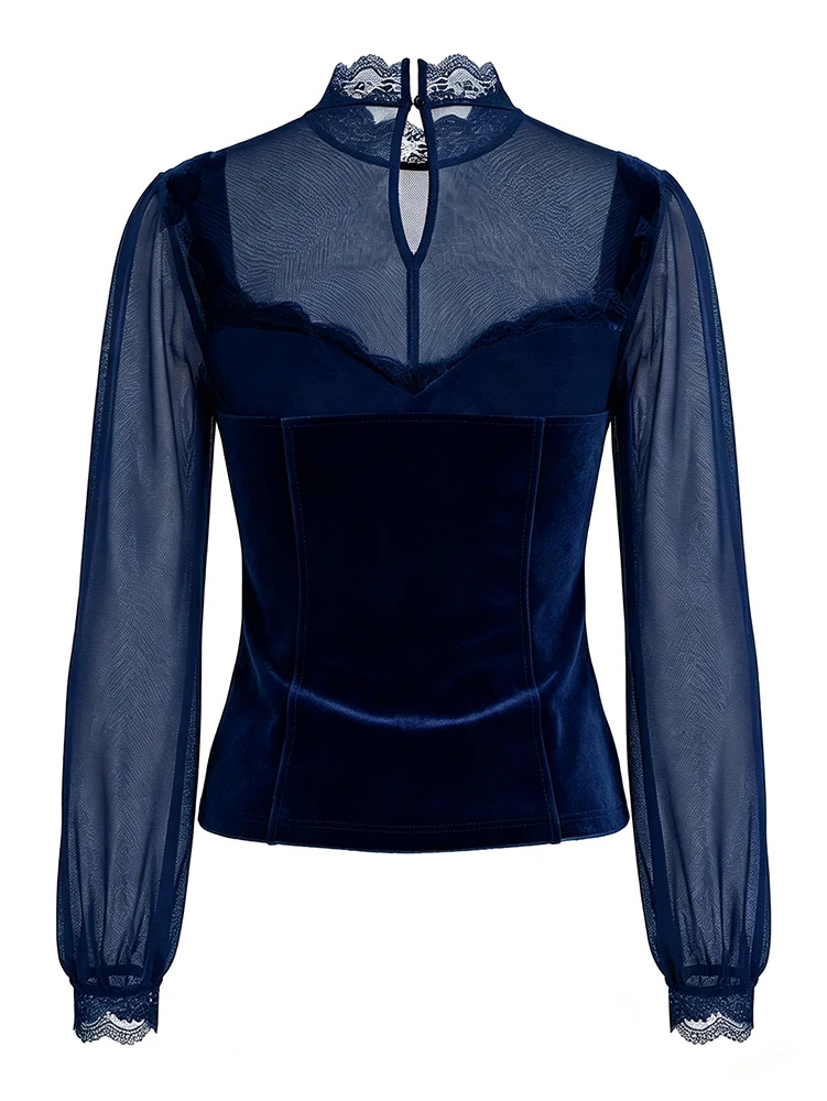 Women's Spring/Fall 2026 New Arrival Elegant Lace-Panel Cutout Bell-Sleeve Tie-Waist Top Everyday Lace-Panel Design