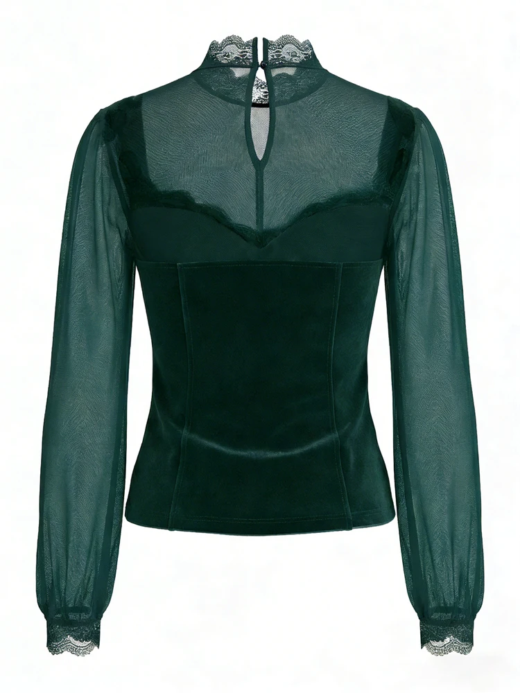 Women's Spring/Fall 2026 New Arrival Elegant Lace-Panel Cutout Bell-Sleeve Tie-Waist Top Everyday Lace-Panel Design