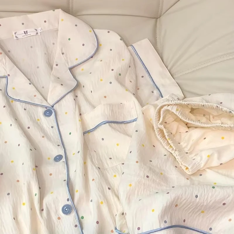 Women's printed polka dot cotton pajamas set, short sleeved top and shorts 2-piece set, casual and comfortable home set, sweet