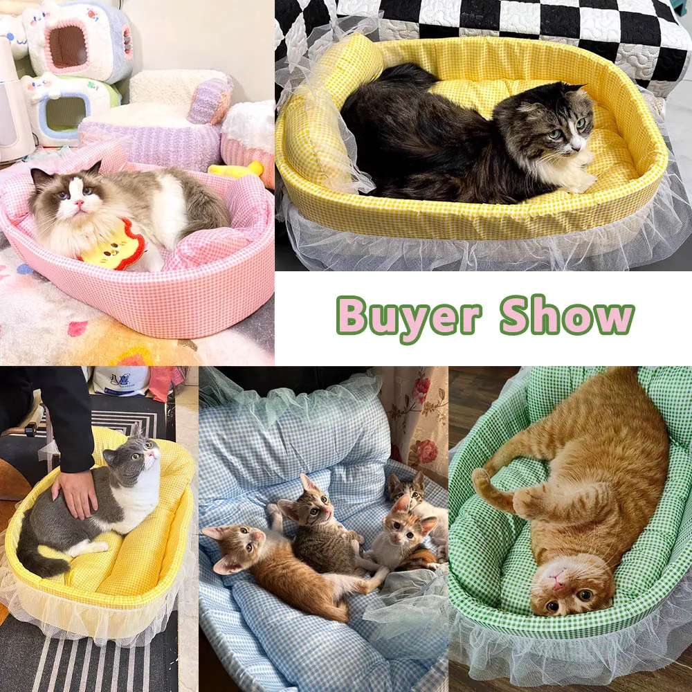 Cute Lace-Trimmed Pet Cat Princess Sofa Bed For Four Seasons Washable and Removable Soft Plush Oval for Small Dogs/Cats