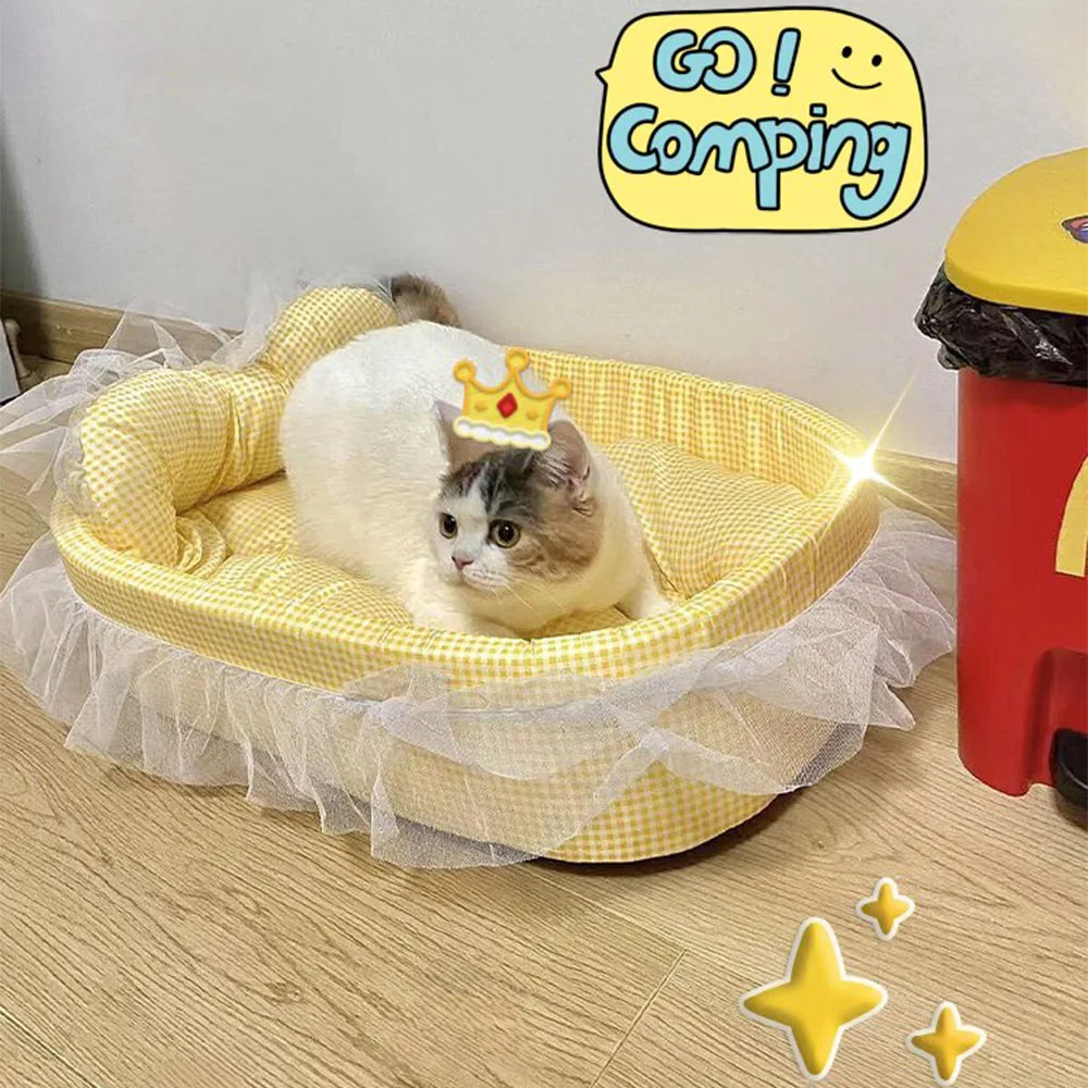 Cute Lace-Trimmed Pet Cat Princess Sofa Bed For Four Seasons Washable and Removable Soft Plush Oval for Small Dogs/Cats