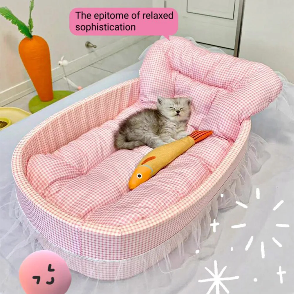 Cute Lace-Trimmed Pet Cat Princess Sofa Bed For Four Seasons Washable and Removable Soft Plush Oval for Small Dogs/Cats