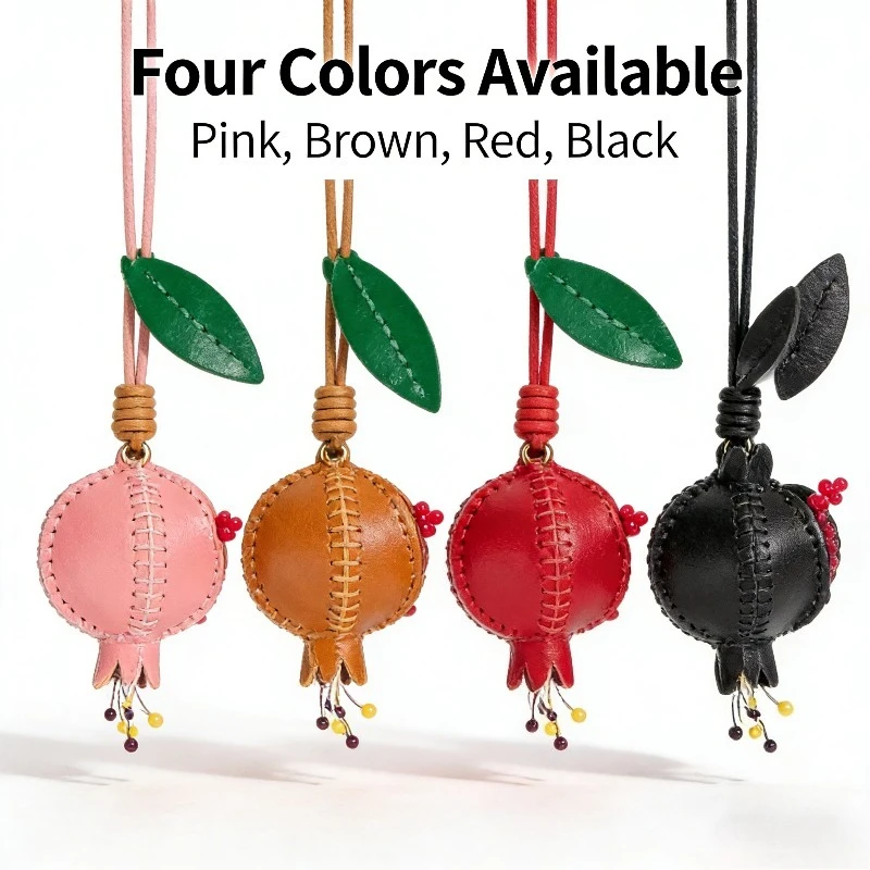 Handmade Vegetable Tanned Leather Pomegranate Keychain Fruit Bag Charm Cute Purse Pendant Car Mirror Accessories For Women Gifts