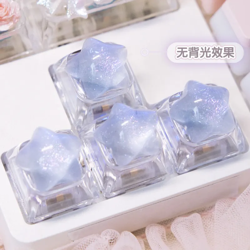 4pc Personalized Backlit Star Glitter Keycap Transparent Cute WASD Direction Key for Mechanical Keyboard Game Office Accessories