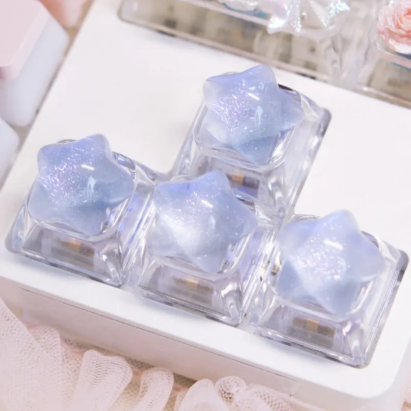 4pc Personalized Backlit Star Glitter Keycap Transparent Cute WASD Direction Key for Mechanical Keyboard Game Office Accessories