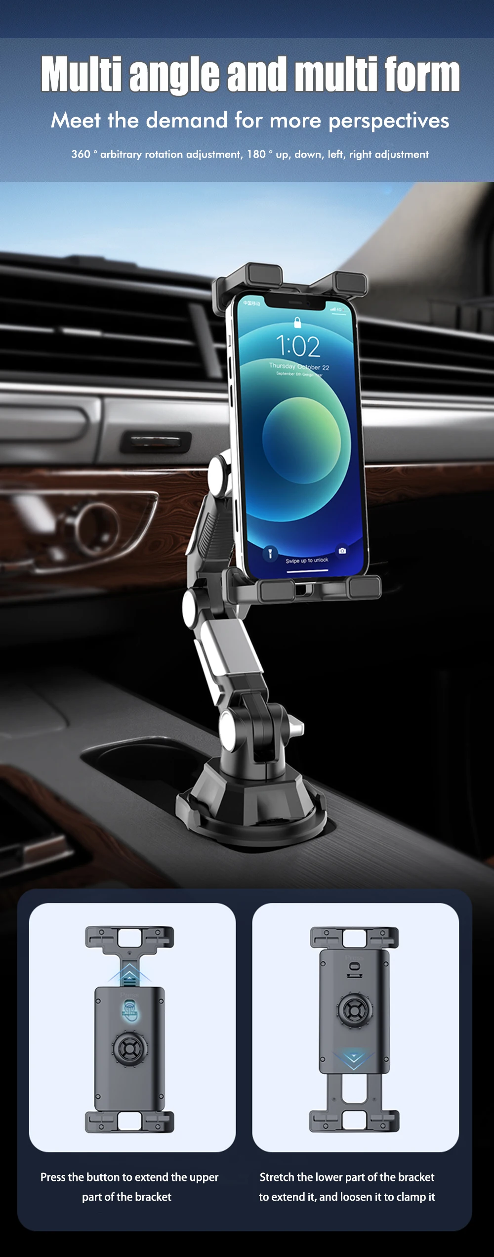 360 Degree Rotation Car in-car Water Cup Holder Car Cup Holder Long Joint Position Mobile Phone Tablet Computer Car Bracket