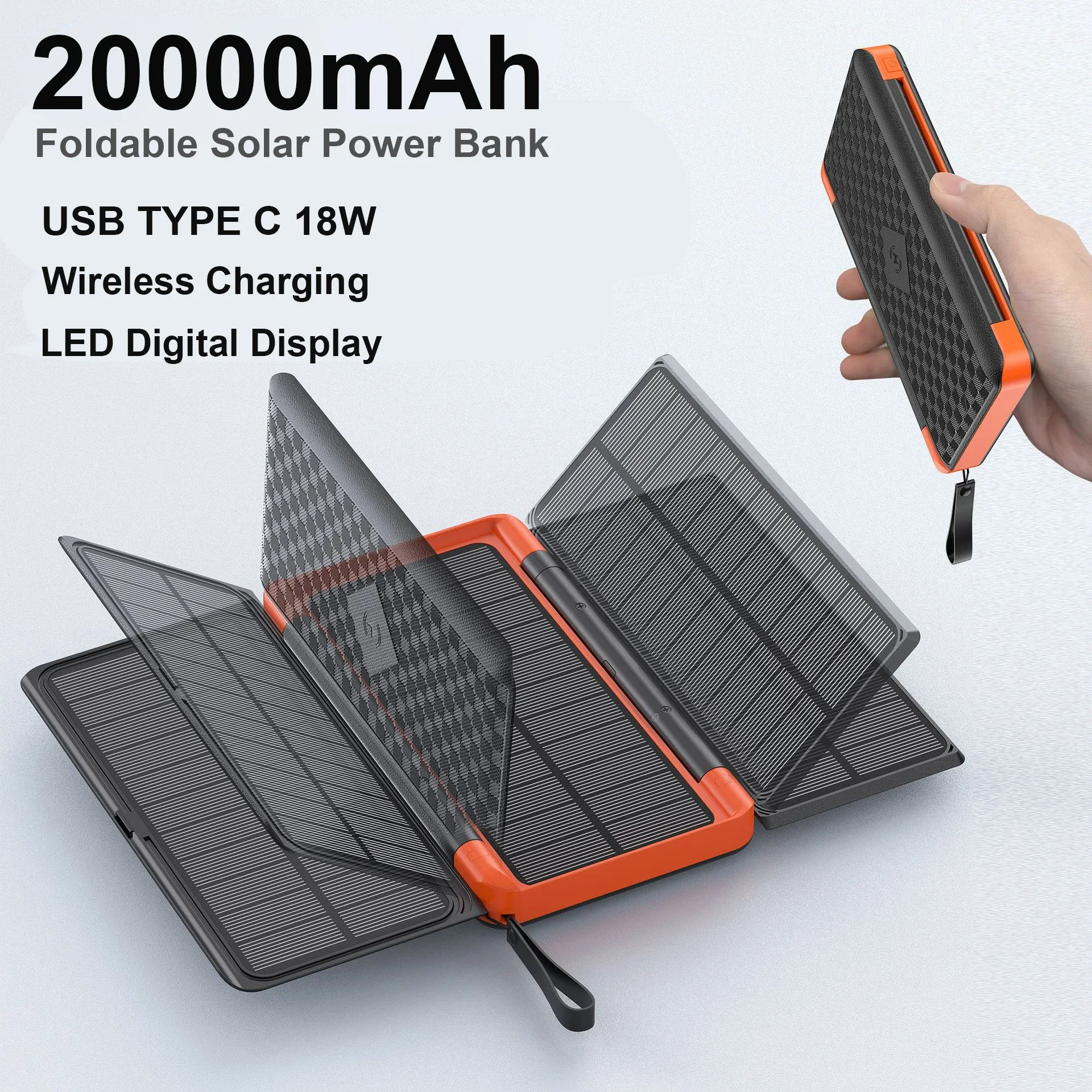 For IPhone 15 14 13 Huawei Xiaomi Poverbank 20000mAh Folding Solar Power Bank with 3 Solar Panel Qi Wireless Charger Powerbank