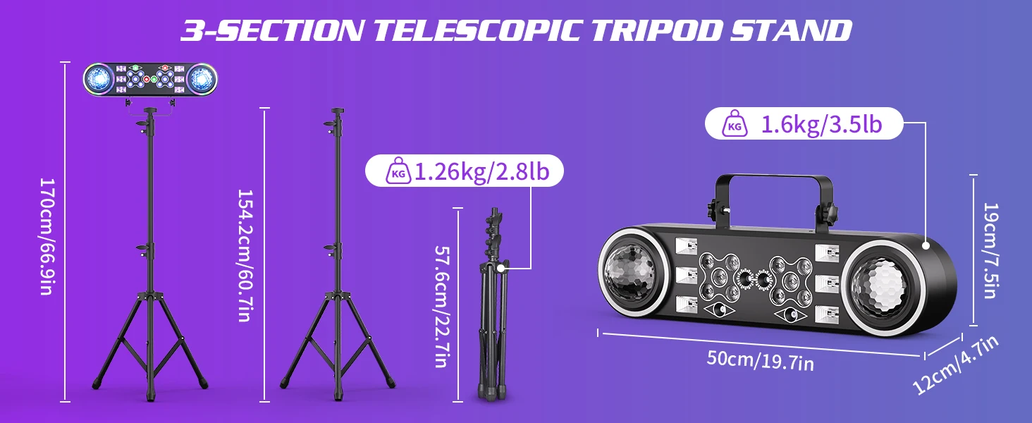 Leleght Dual-Head 7-in-1 RGBW LED Light Stand Kit with 3-Section Telescopic Tripod and Carry Bag DMX512 for Stage Party DJ