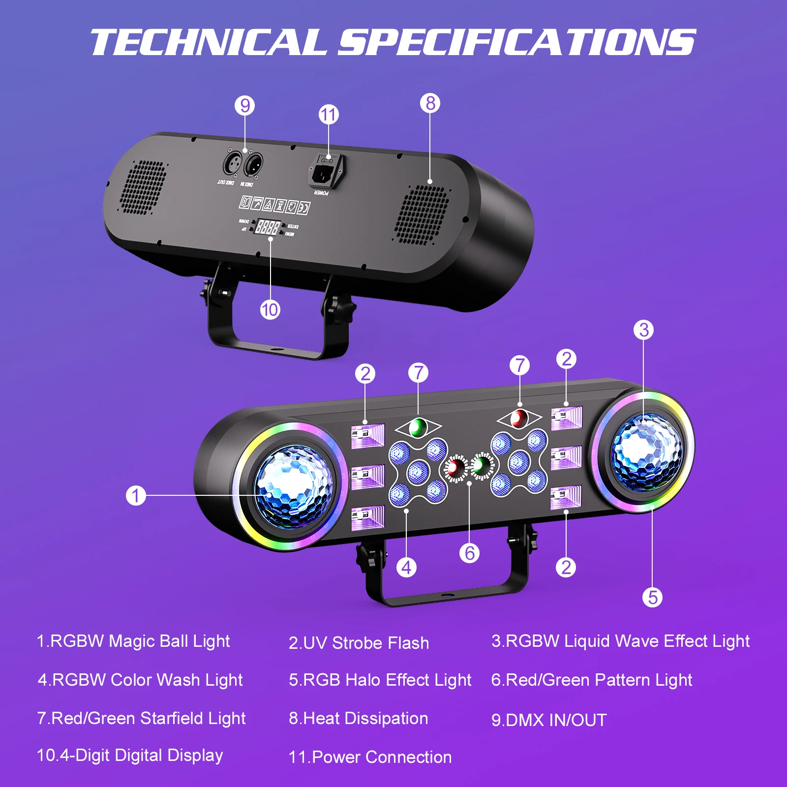 Leleght Dual-Head 7-in-1 RGBW LED Light Stand Kit with 3-Section Telescopic Tripod and Carry Bag DMX512 for Stage Party DJ