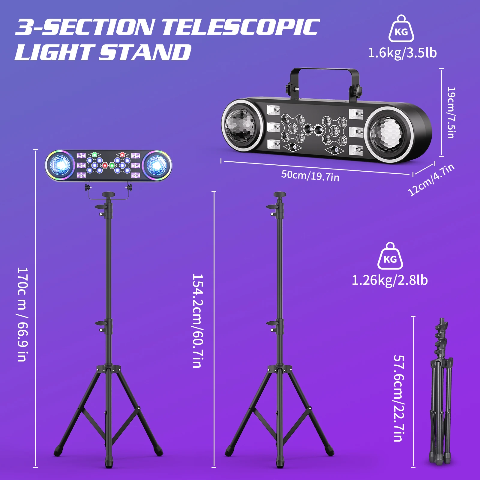 Leleght Dual-Head 7-in-1 RGBW LED Light Stand Kit with 3-Section Telescopic Tripod and Carry Bag DMX512 for Stage Party DJ