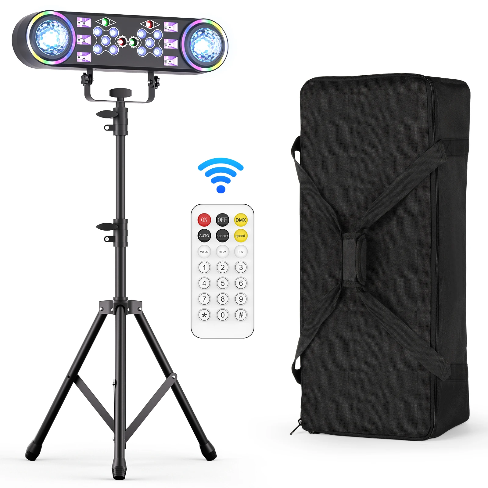 Leleght Dual-Head 7-in-1 RGBW LED Light Stand Kit with 3-Section Telescopic Tripod and Carry Bag DMX512 for Stage Party DJ