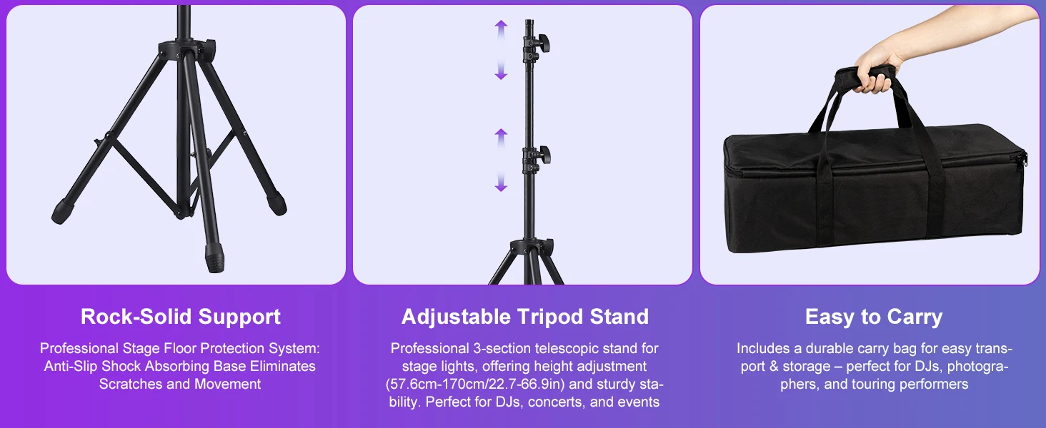 Leleght Dual-Head 7-in-1 RGBW LED Light Stand Kit with 3-Section Telescopic Tripod and Carry Bag DMX512 for Stage Party DJ