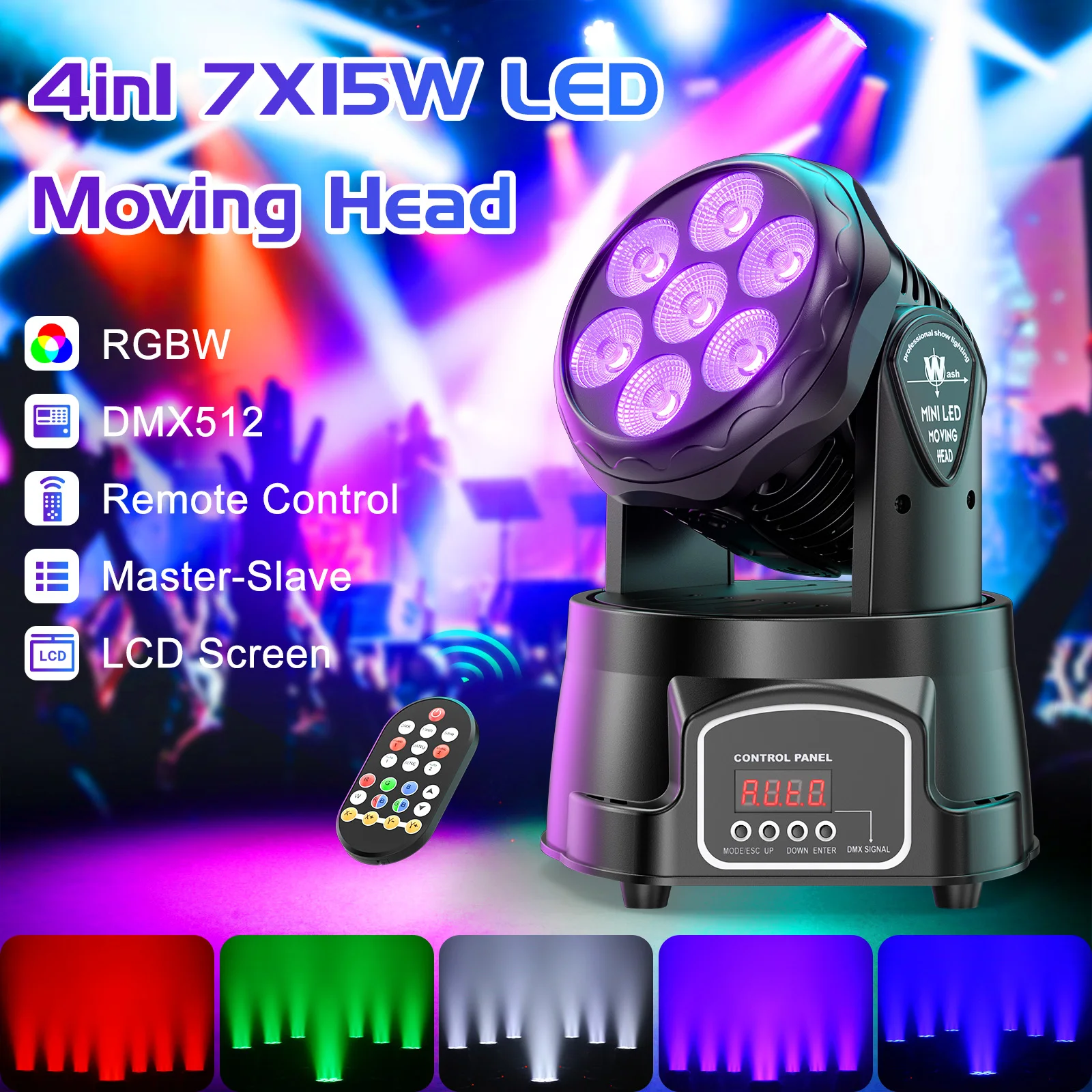 LeLeght 2Pcs 7x15W LED Moving Head Light 4 IN 1 RGBW DMX512 Professional Stage Effect Wash Light for DJ Party Music Dance Club