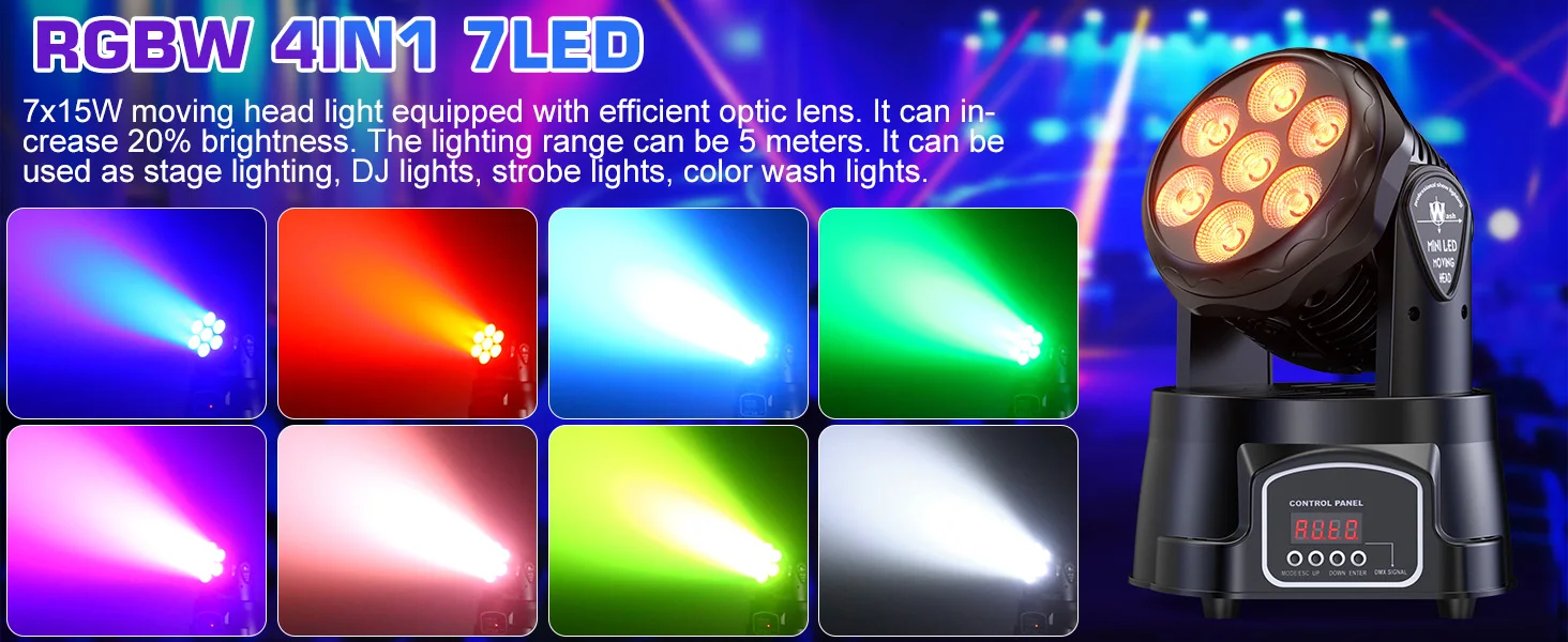 LeLeght 2Pcs 7x15W LED Moving Head Light 4 IN 1 RGBW DMX512 Professional Stage Effect Wash Light for DJ Party Music Dance Club