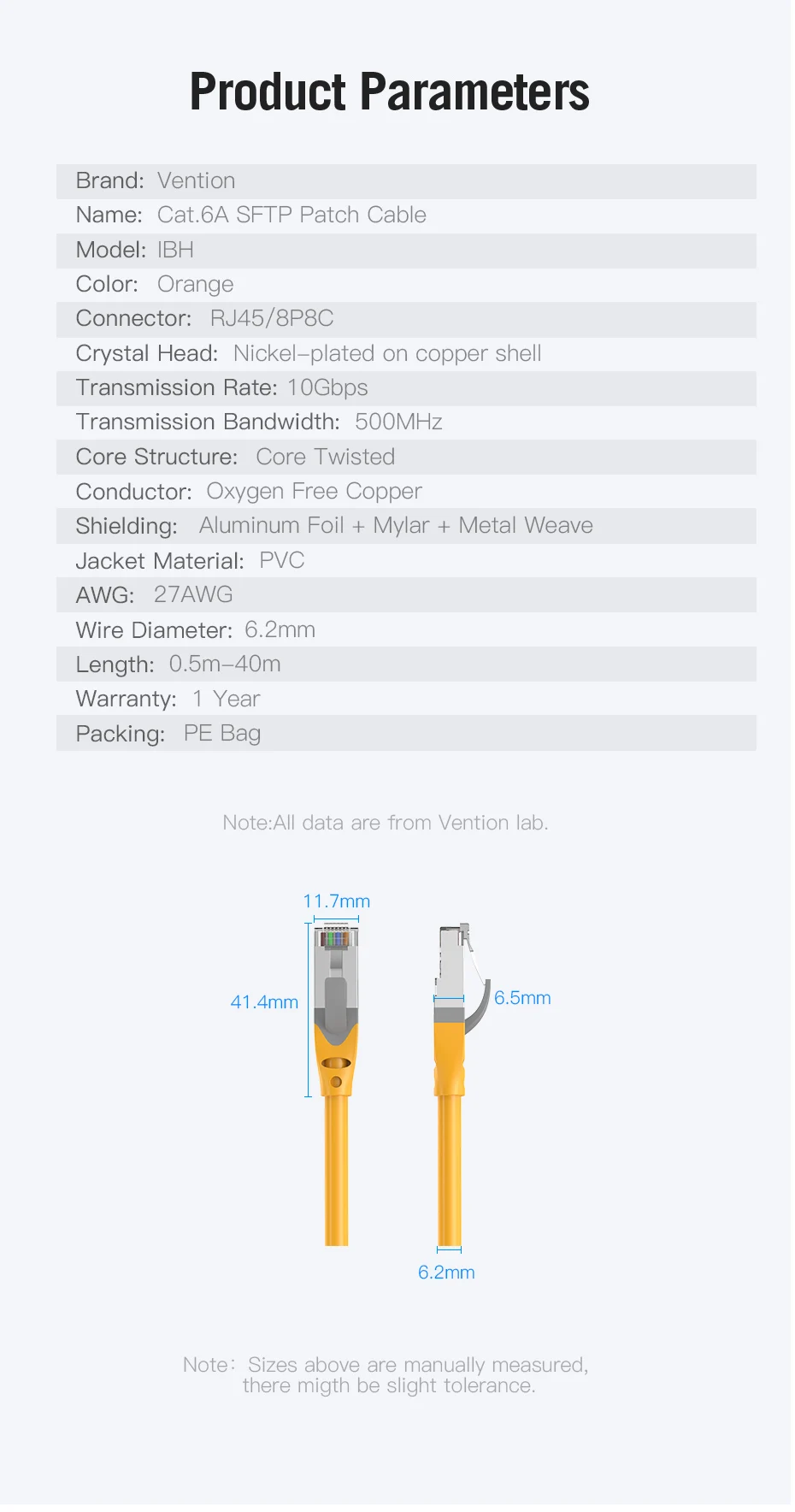 Vention Ethernet Cable RJ45 Cat 6A Lan Cable UTP RJ 45 Network Cable for Cat6 Cat6a Compatible Patch Cord for Modem Router Cable