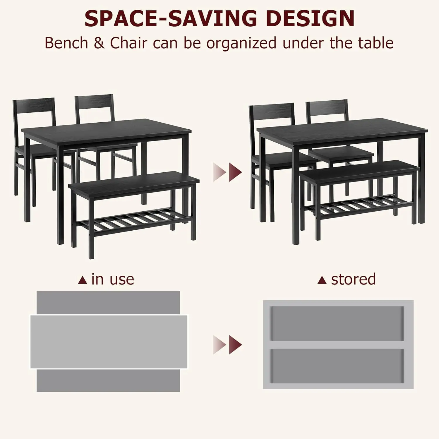 Modern Dining Room Table Set with Storage Racks Home Dining Table Set for 4 with Bench, Kitchen Table and Chairs Set
