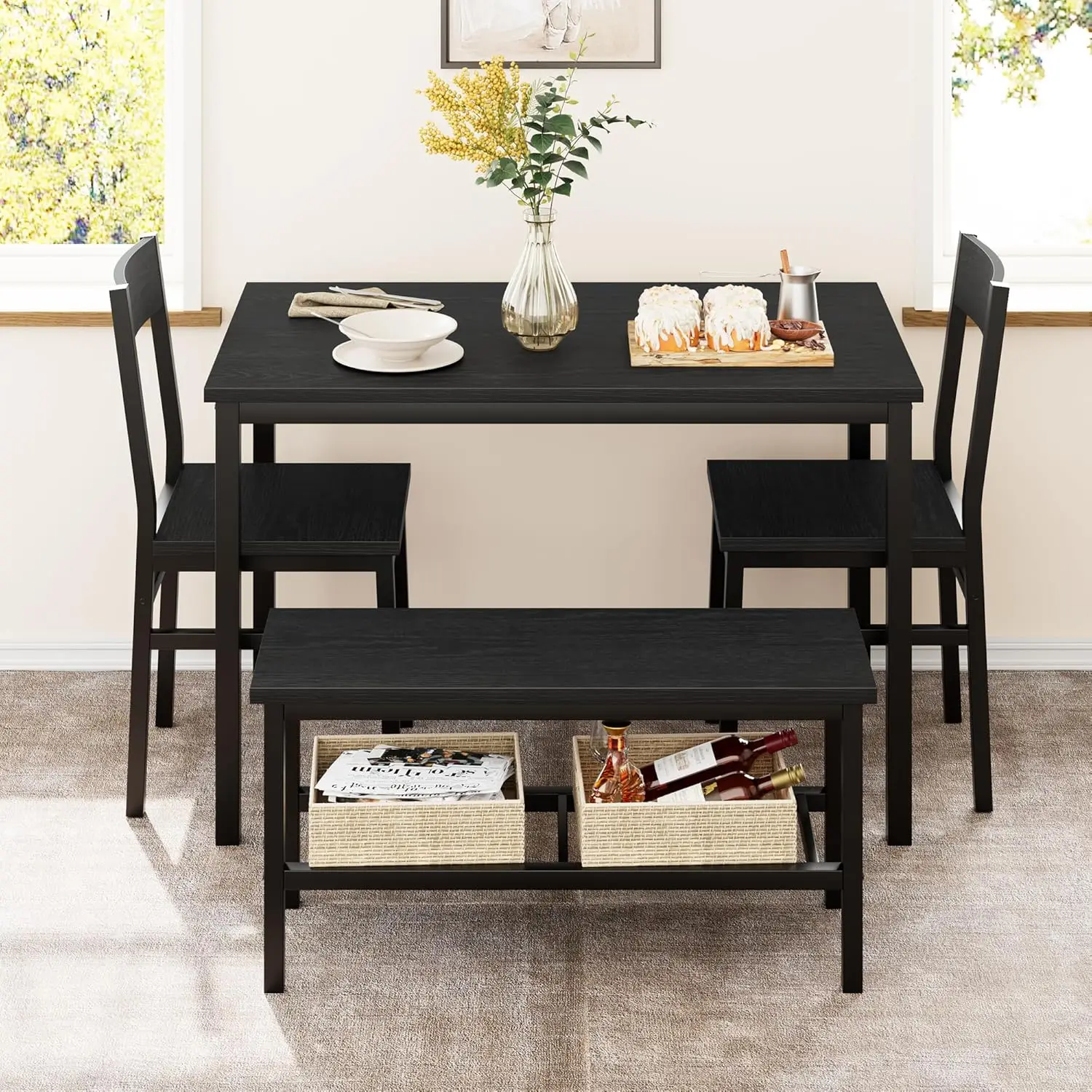 Modern Dining Room Table Set with Storage Racks Home Dining Table Set for 4 with Bench, Kitchen Table and Chairs Set