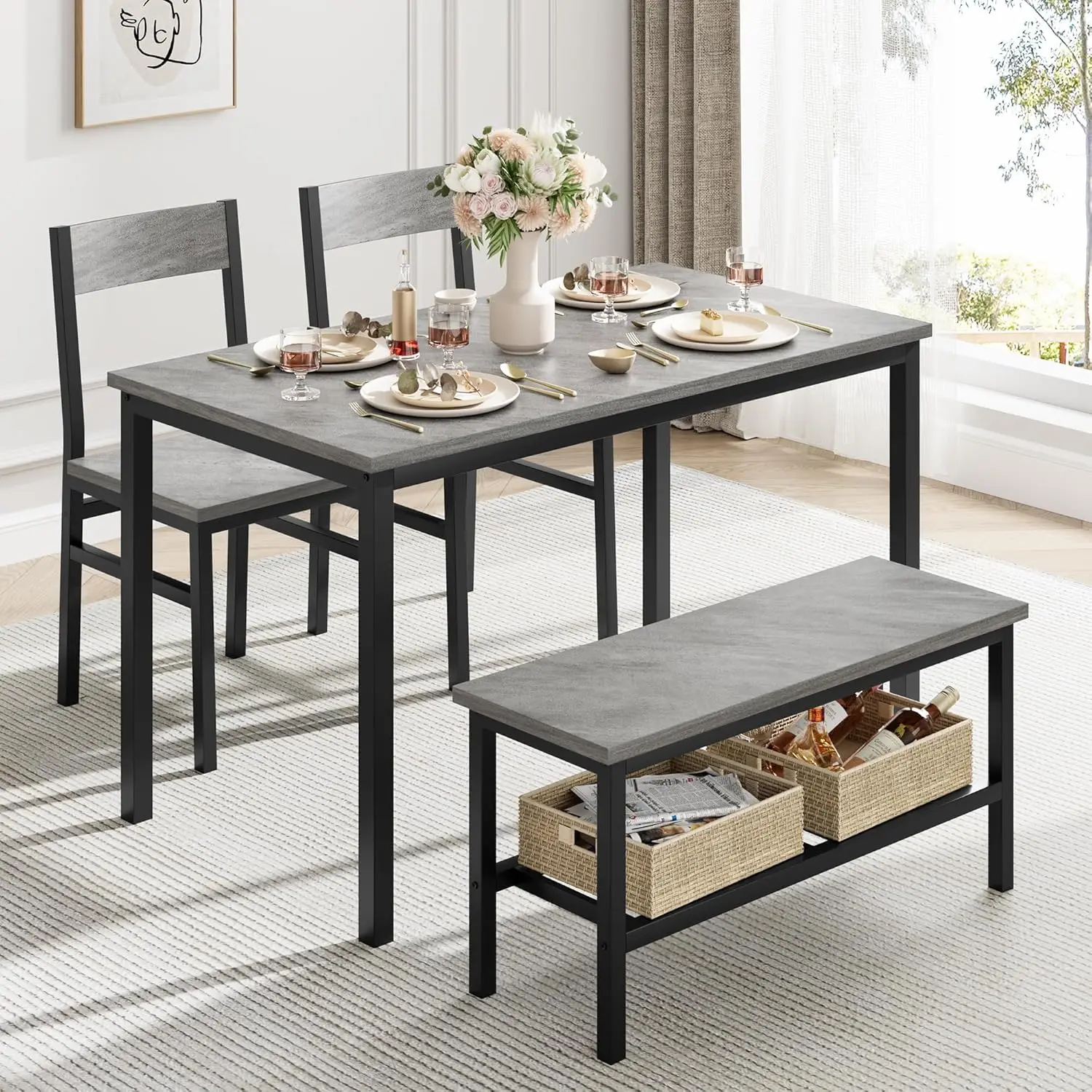 Modern Dining Room Table Set with Storage Racks Home Dining Table Set for 4 with Bench, Kitchen Table and Chairs Set