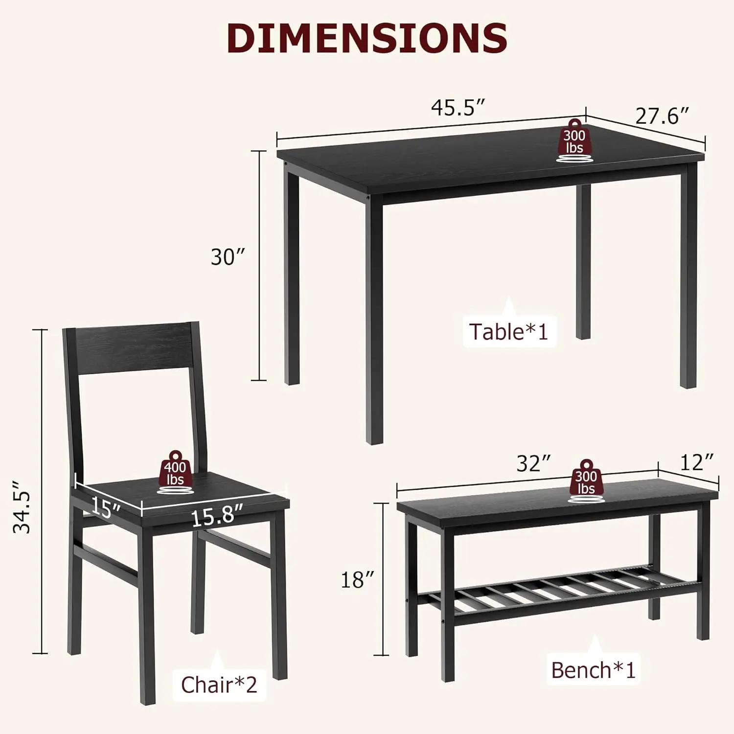 Modern Dining Room Table Set with Storage Racks Home Dining Table Set for 4 with Bench, Kitchen Table and Chairs Set
