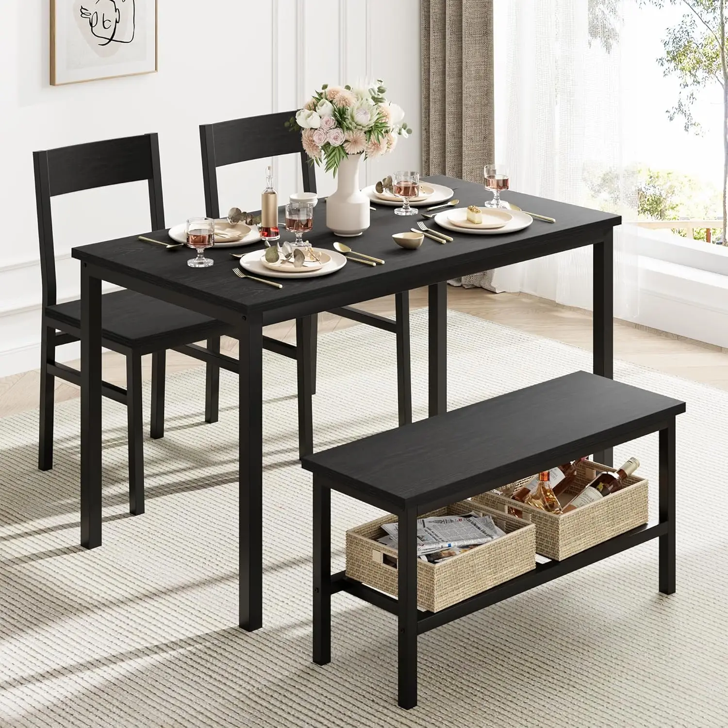 Modern Dining Room Table Set with Storage Racks Home Dining Table Set for 4 with Bench, Kitchen Table and Chairs Set