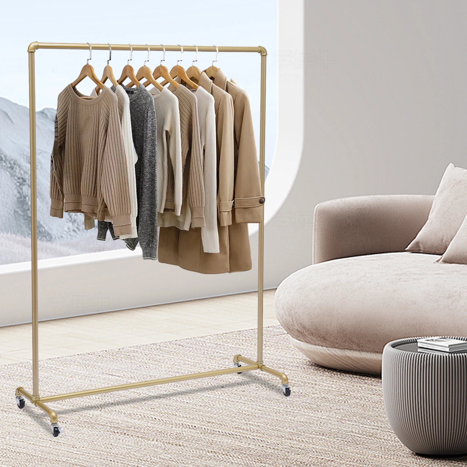 Gold Free Standing Coat Rack 100lbs Capacity Industrial Clothing Rack Heavy Duty Garment Rail with Wheels for Store Bedroom