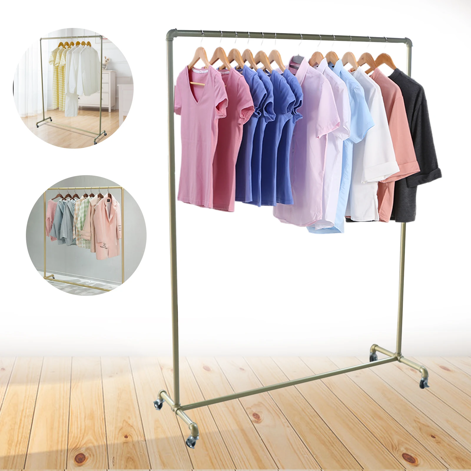 Gold Free Standing Coat Rack 100lbs Capacity Industrial Clothing Rack Heavy Duty Garment Rail with Wheels for Store Bedroom