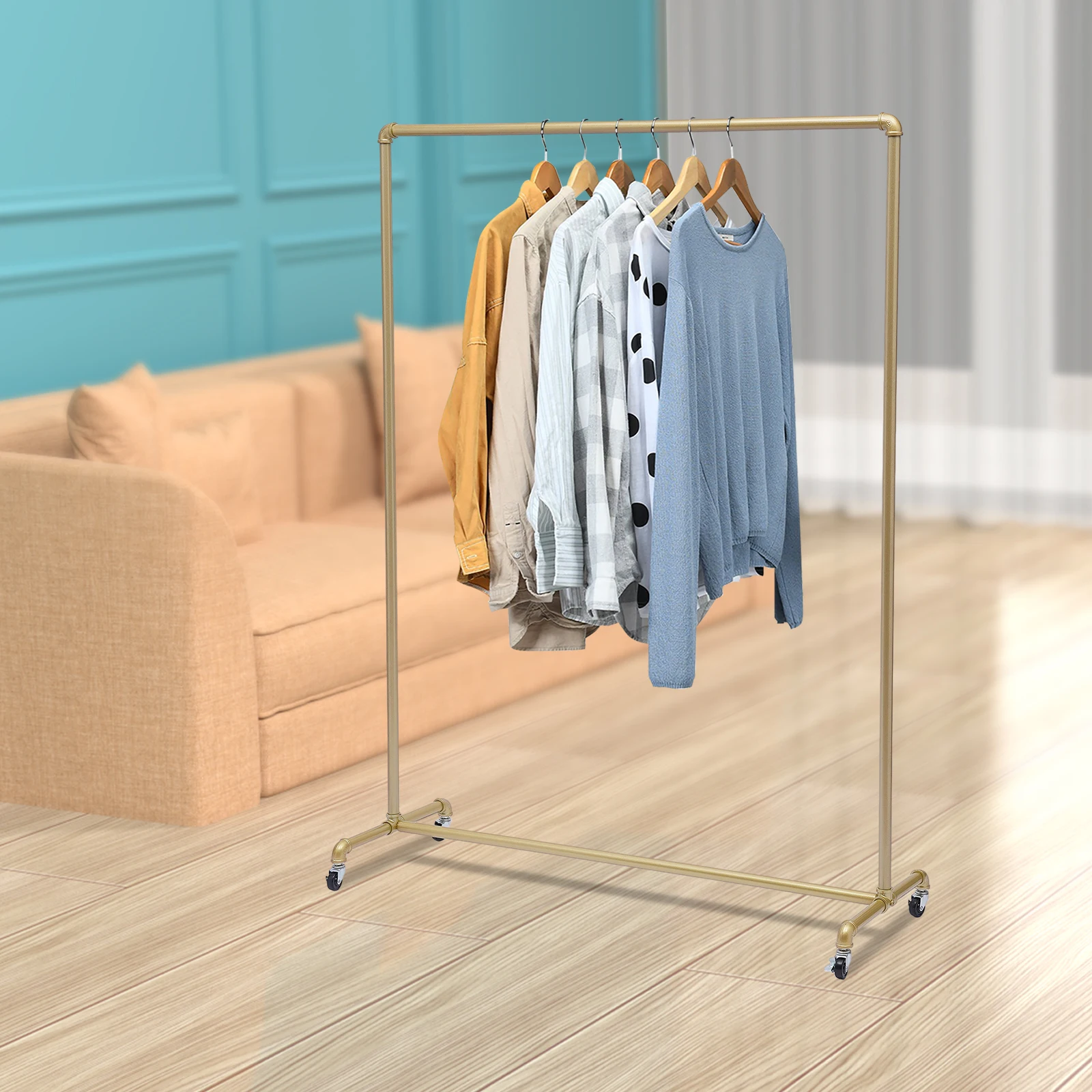 Gold Free Standing Coat Rack 100lbs Capacity Industrial Clothing Rack Heavy Duty Garment Rail with Wheels for Store Bedroom