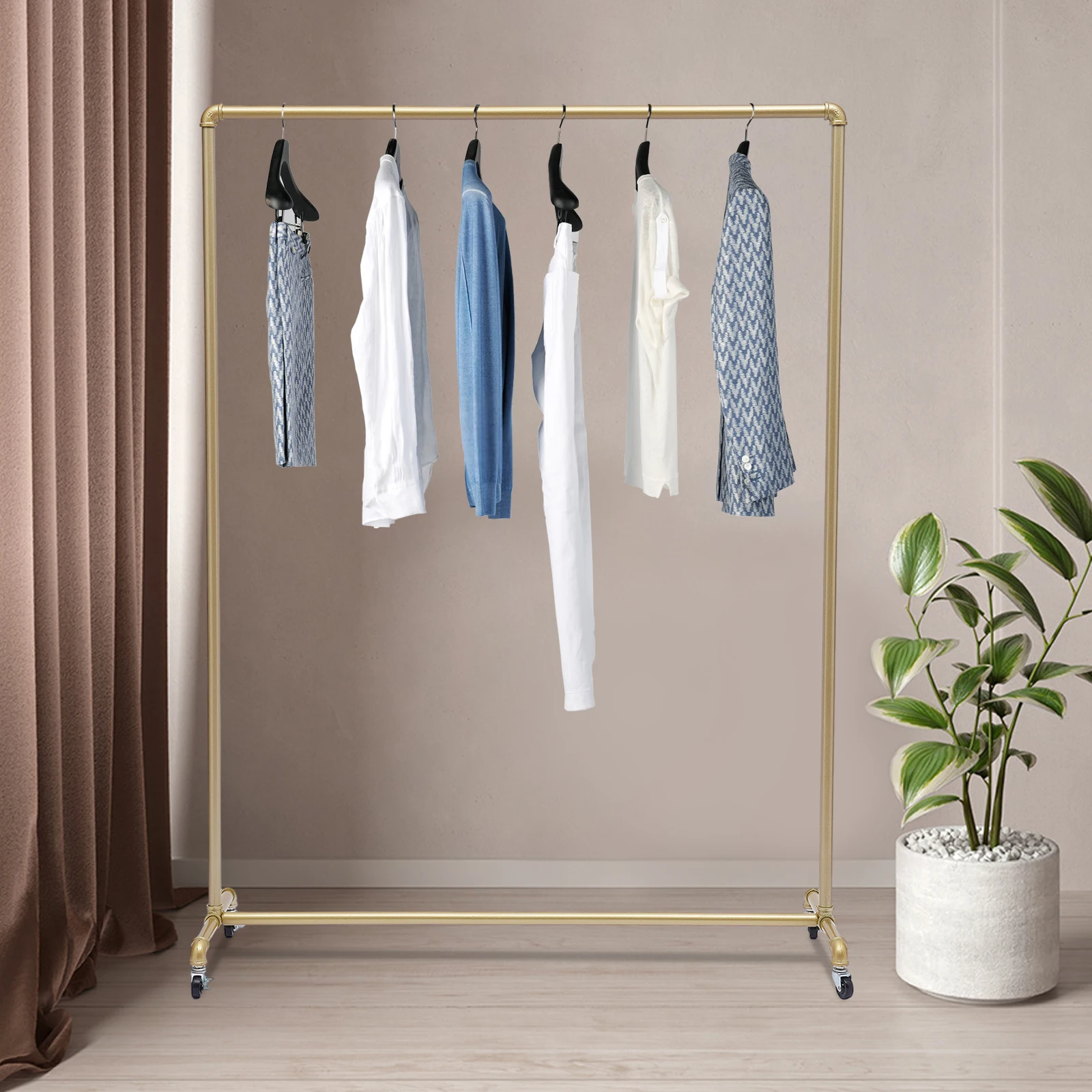 Gold Free Standing Coat Rack 100lbs Capacity Industrial Clothing Rack Heavy Duty Garment Rail with Wheels for Store Bedroom