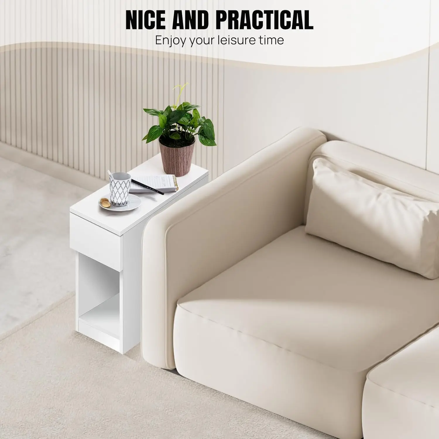 EFAN Narrow Side Table Slim End Table with Open Shelf & Drawer, Sofa Bedside Thin Table for Small Spaces Nightstand, 34x20x60cm