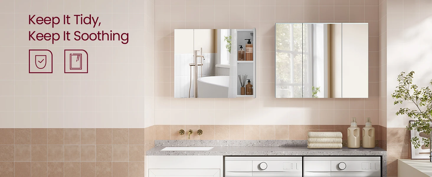 VASAGLE Wall Cabinet with Mirror, 3-Door Storage Unit, Bathroom Mirror Cabinet, 15 x 90 x 60 cm, with Adjustable Shelf
