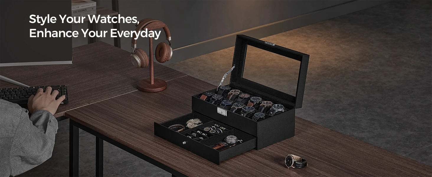SONGMICS Watch Box, Watch Case with Glass Lid, 2-Tier Watch Display Case for 12 Watches, Lockable, 1 Drawer, Bracelets