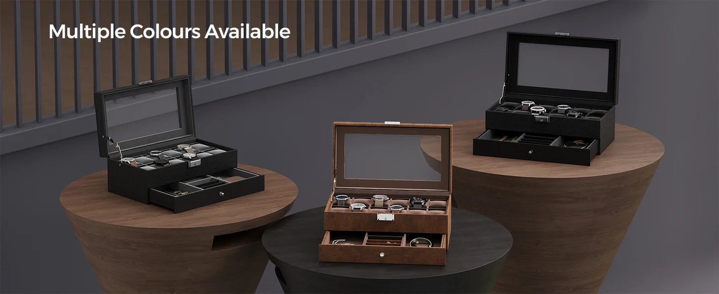 SONGMICS Watch Box, Watch Case with Glass Lid, 2-Tier Watch Display Case for 12 Watches, Lockable, 1 Drawer, Bracelets