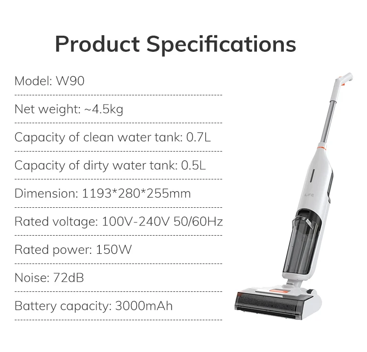 Ilife W90 Cordless Wireless Wet Dry Smart Mop Washing, 5500Pa Suction, 1 Min Self Cleaning, Large Dual Water Tank