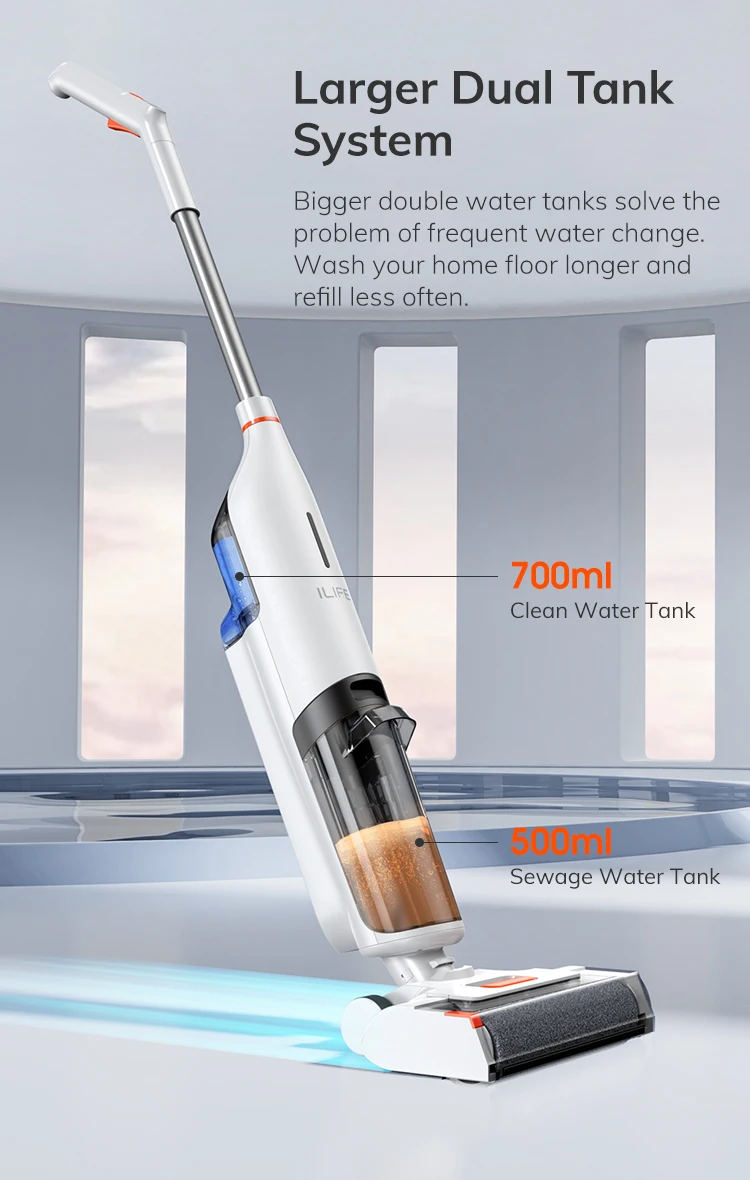 Ilife W90 Cordless Wireless Wet Dry Smart Mop Washing, 5500Pa Suction, 1 Min Self Cleaning, Large Dual Water Tank